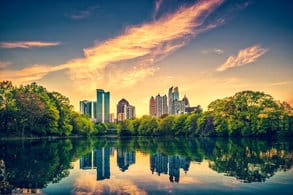 View of a city skyline overlooking water